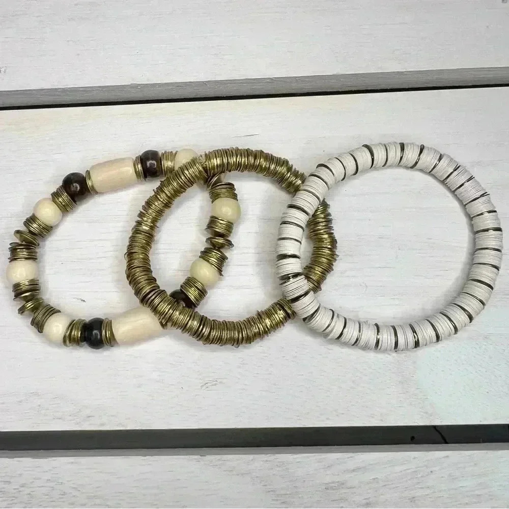 Noonday Collection 3 Stretch Bracelets Gold Tone, Black, Cream & White Beads - Picture 5 of 5
